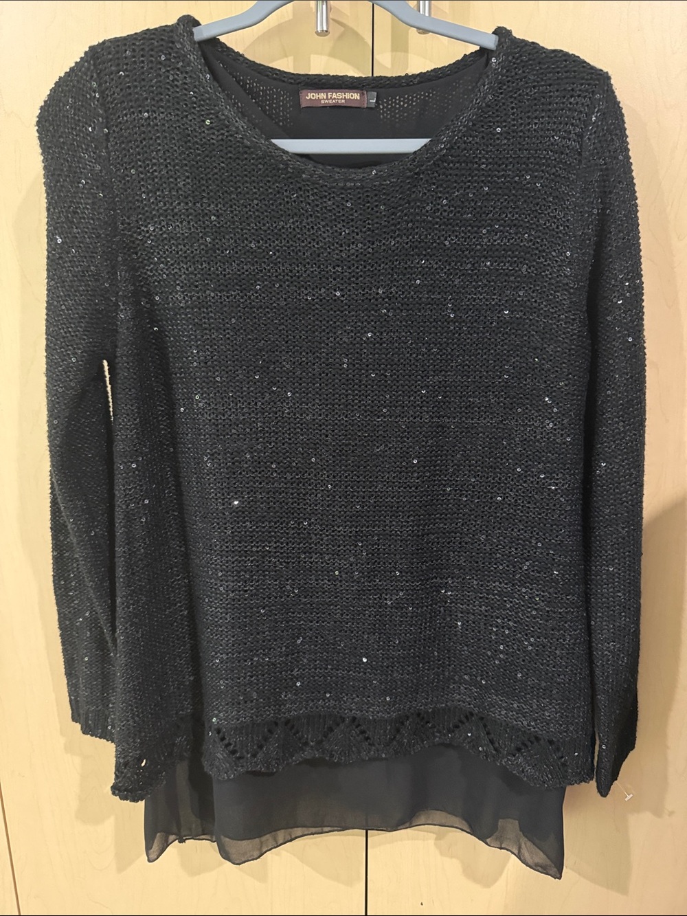Black Sequin Knit Layered Hem Sweater